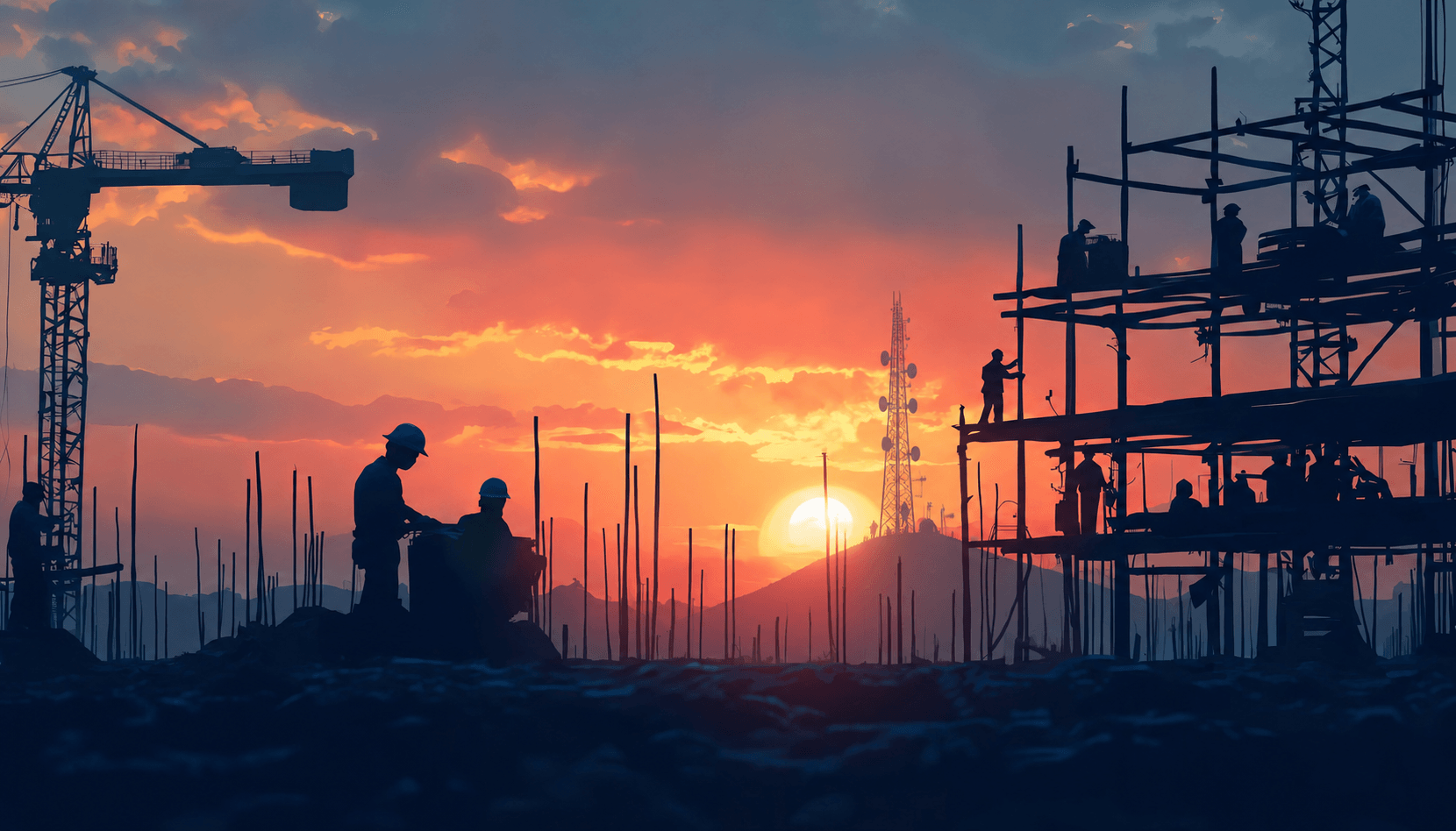 Construction and infrastructure worksite at sunset
